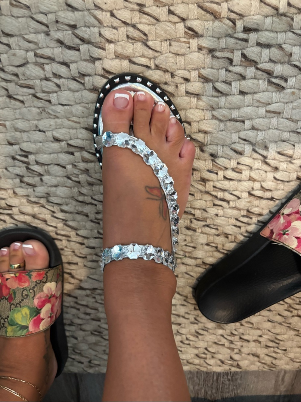 Crystal-Embellished Silver Double-Strap Sandals